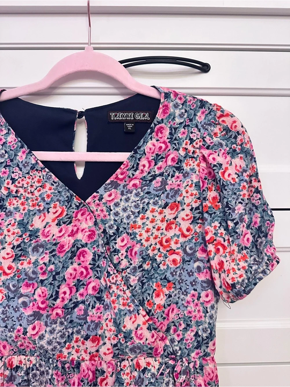 Trixxi Girl Pink & Blue Floral Puff Sleeve Modest Mini Dress